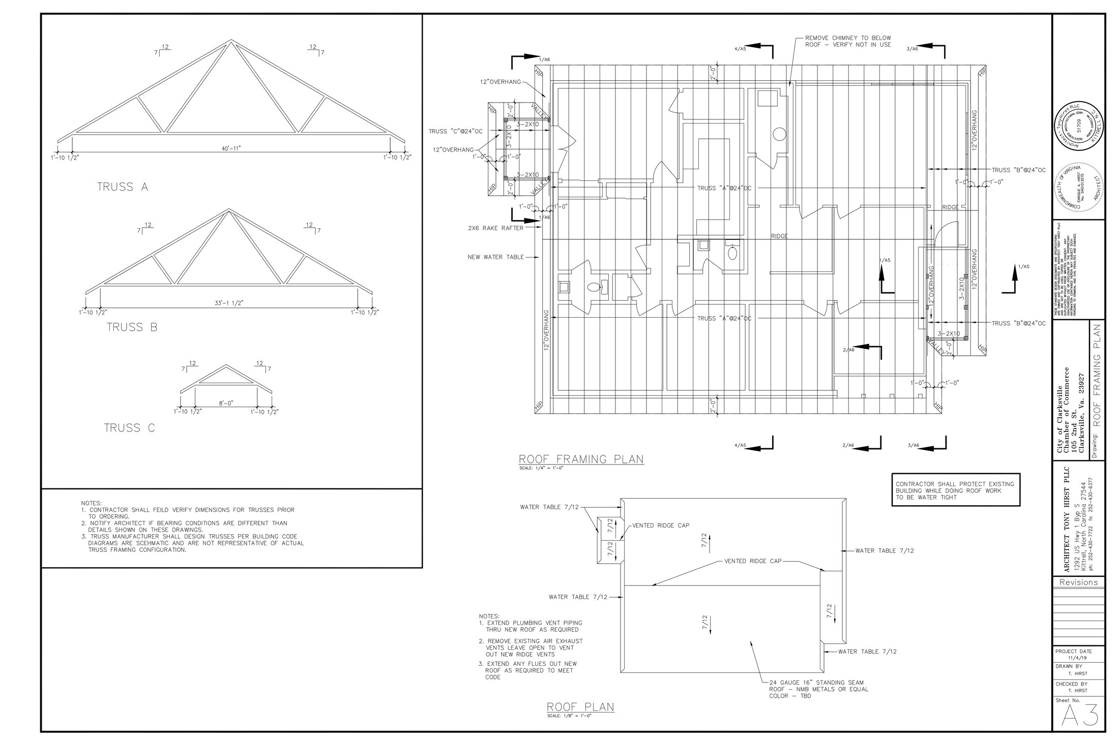 Clarksville Chamber of Commerce roof framing plan, sheet A3
