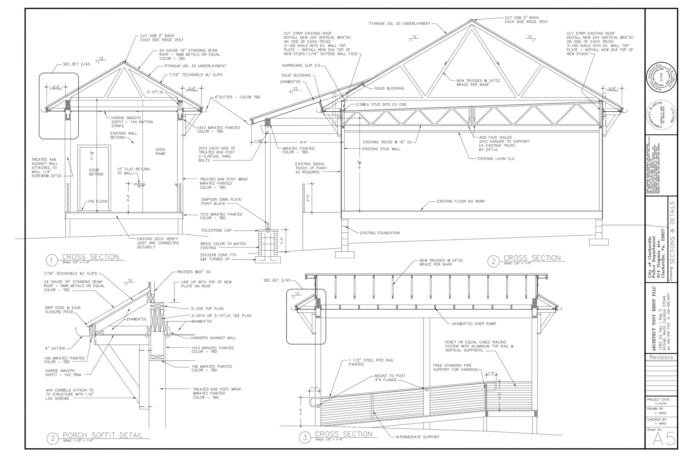 Clarksville Police Department sections and porch details, sheet A5