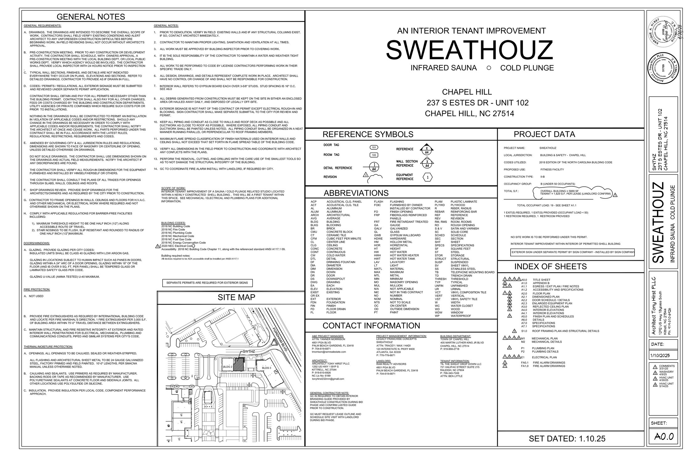 SWEATHOUZ cover sheet and site map, Chapel Hill
