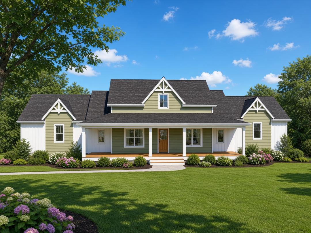 Sage and white farmhouse with wraparound porch and hydrangeas