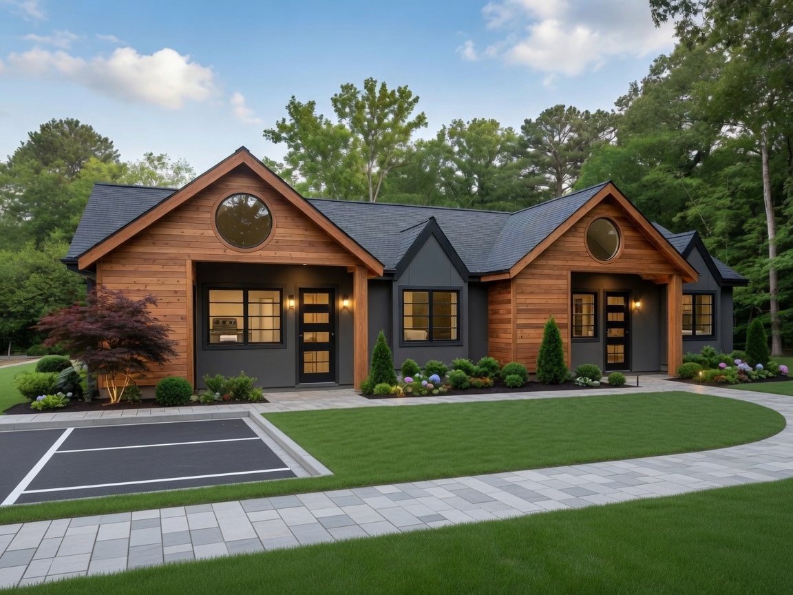 Cedar and charcoal duplex with round gable windows and paired entries